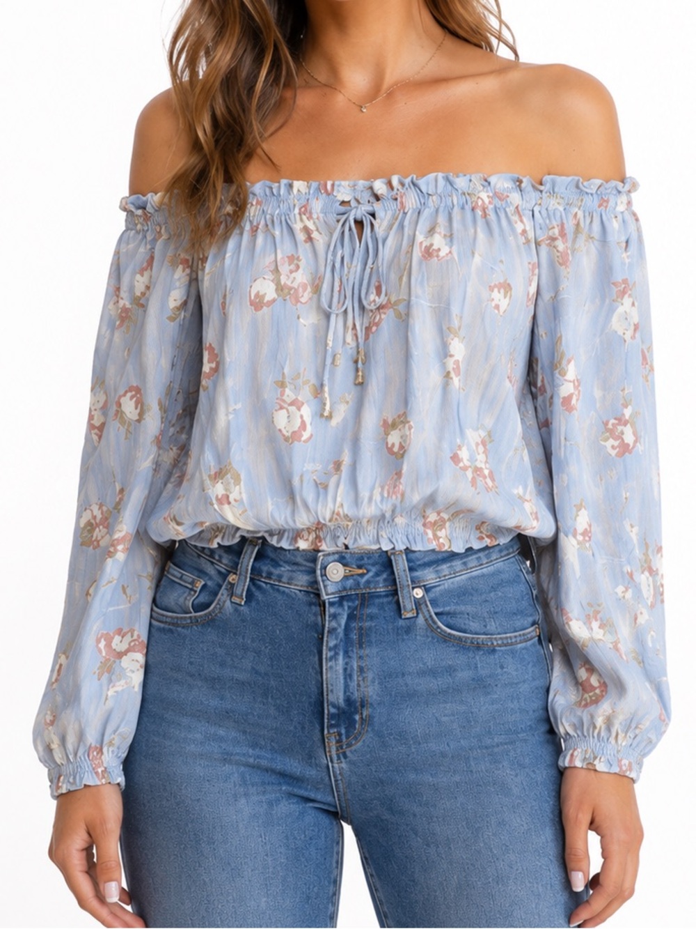 Dress Forum Blue Floral Long Sleeve Off-Shoulder Blouse NWT Size Small